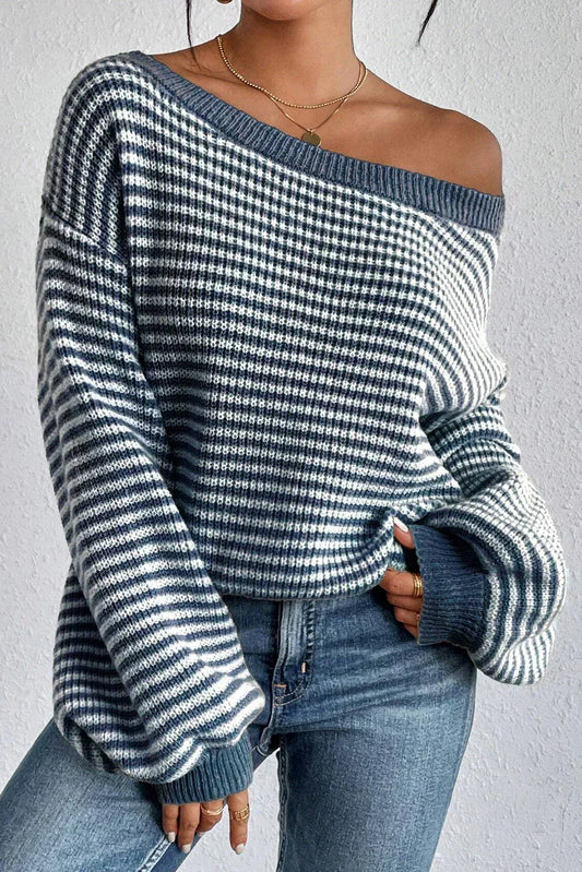 Oona | Striped Off the Shoulder Waffle Knit Jumper