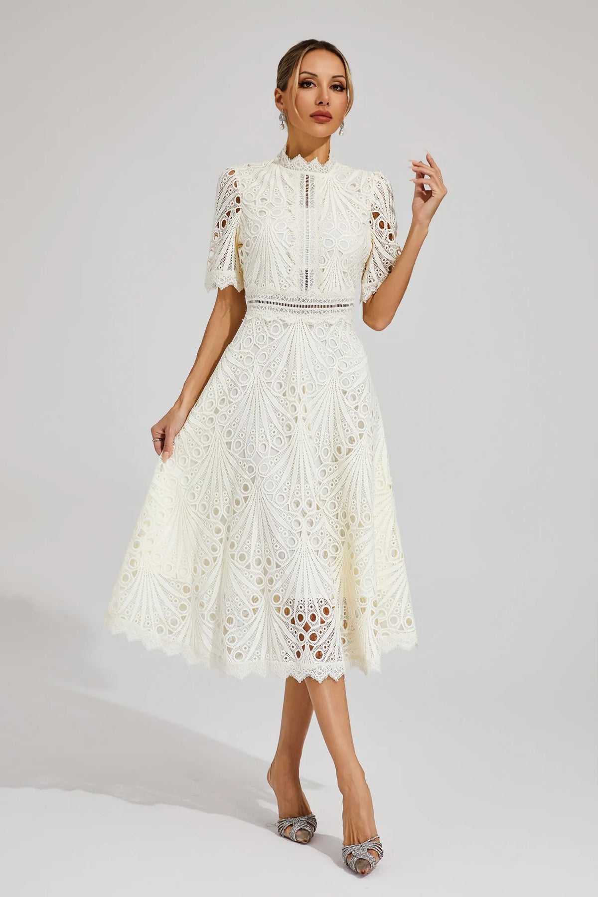 Theodosia | High Neck All-Over Lace A-Line Midi Dress