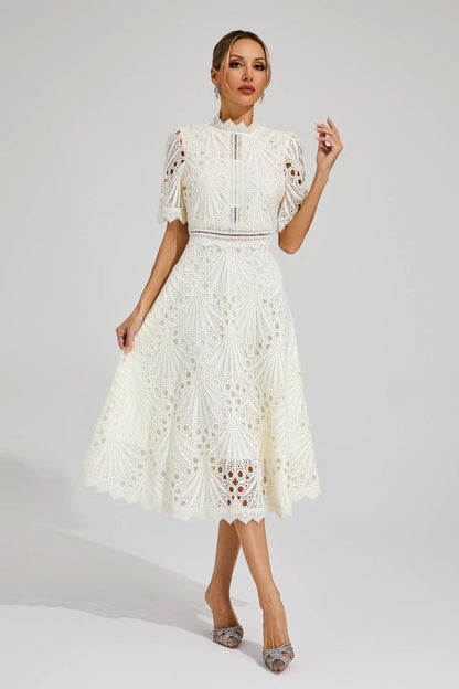 Theodosia | High Neck All-Over Lace A-Line Midi Dress