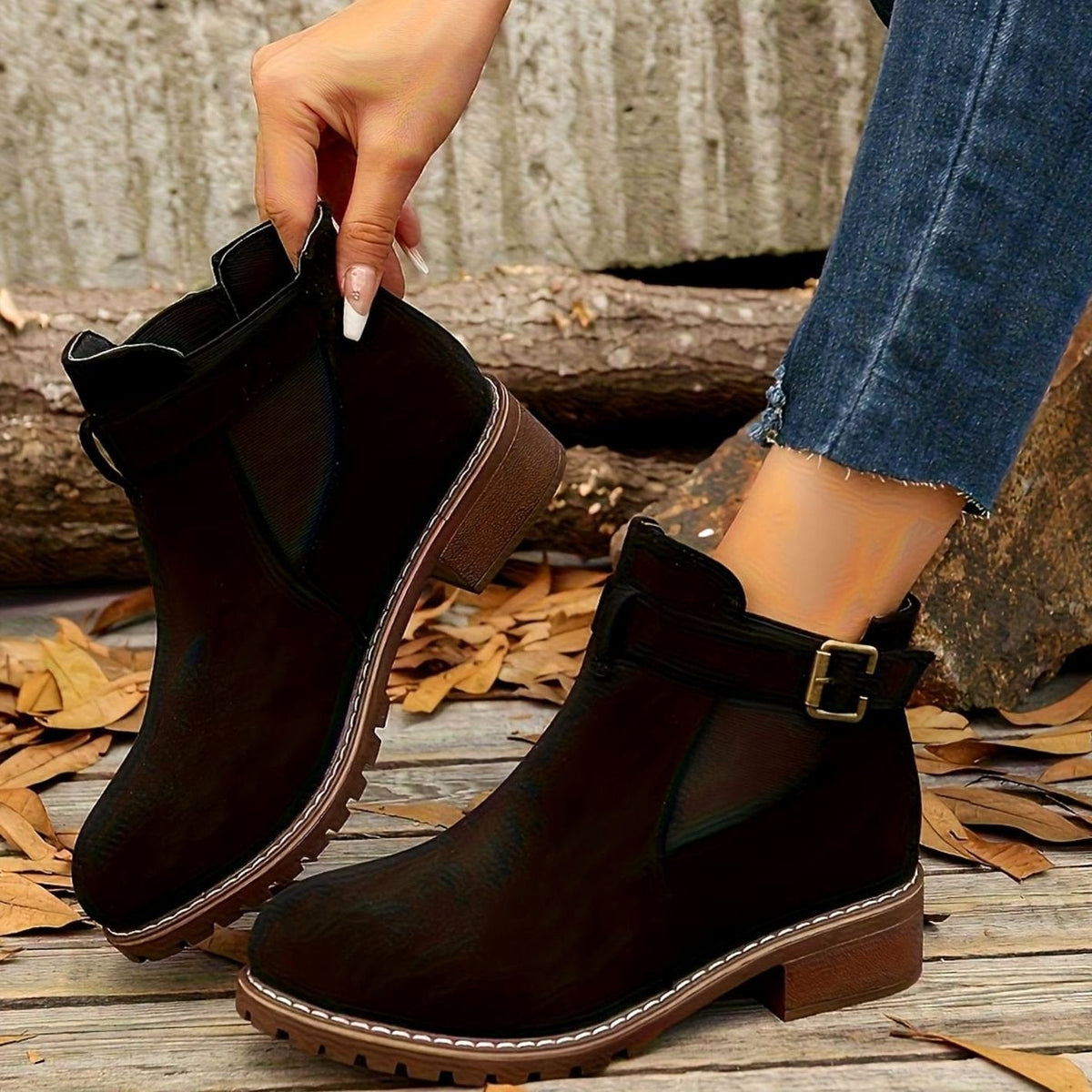 Harriet | Suede Ankle Boots with Block Heel and Buckle Strap