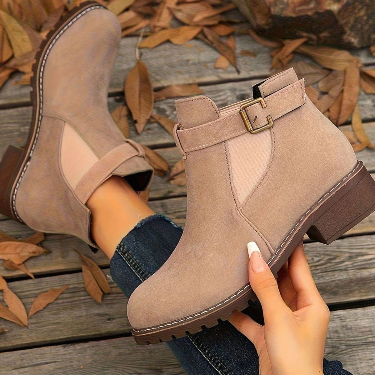 Harriet | Suede Ankle Boots with Block Heel and Buckle Strap