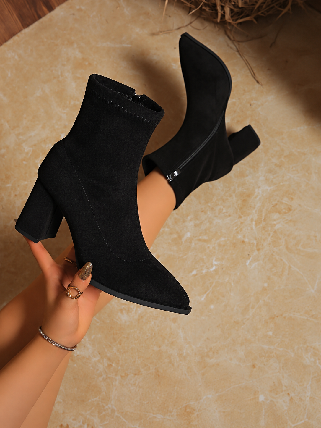 Millie | Suede Ankle Boots with Block Heel and Pointed Toe