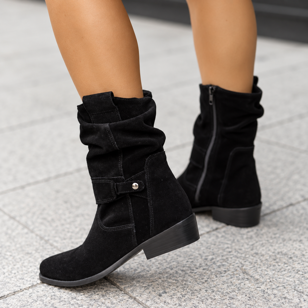 Delphine | Suede Ankle Boots with Slouch Detail and Block Heel