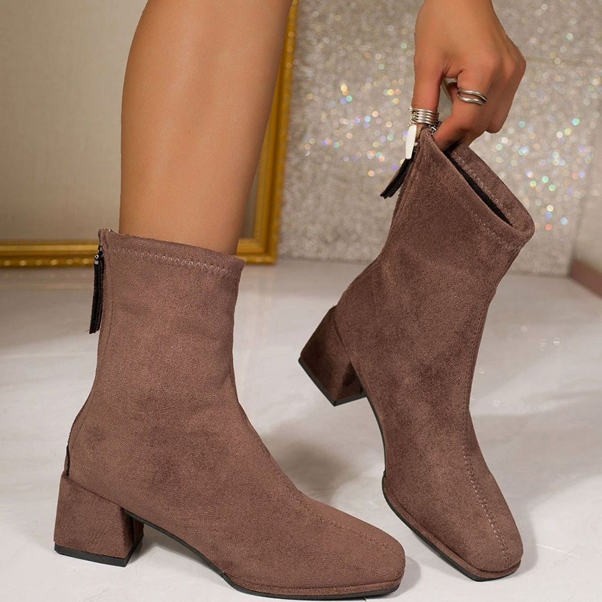 Lila | Suede Heeled Ankle Boots with Square Toe and Block Heel