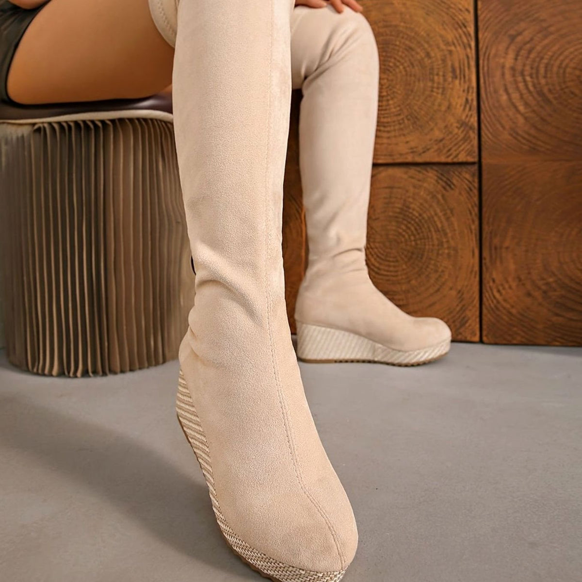Eloise | Suede Over the Knee Boots with Woven Wedge Sole