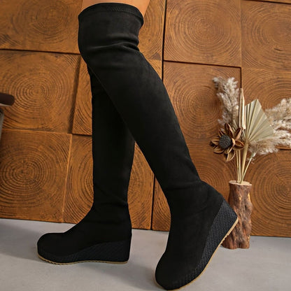 Eloise | Suede Over the Knee Boots with Woven Wedge Sole