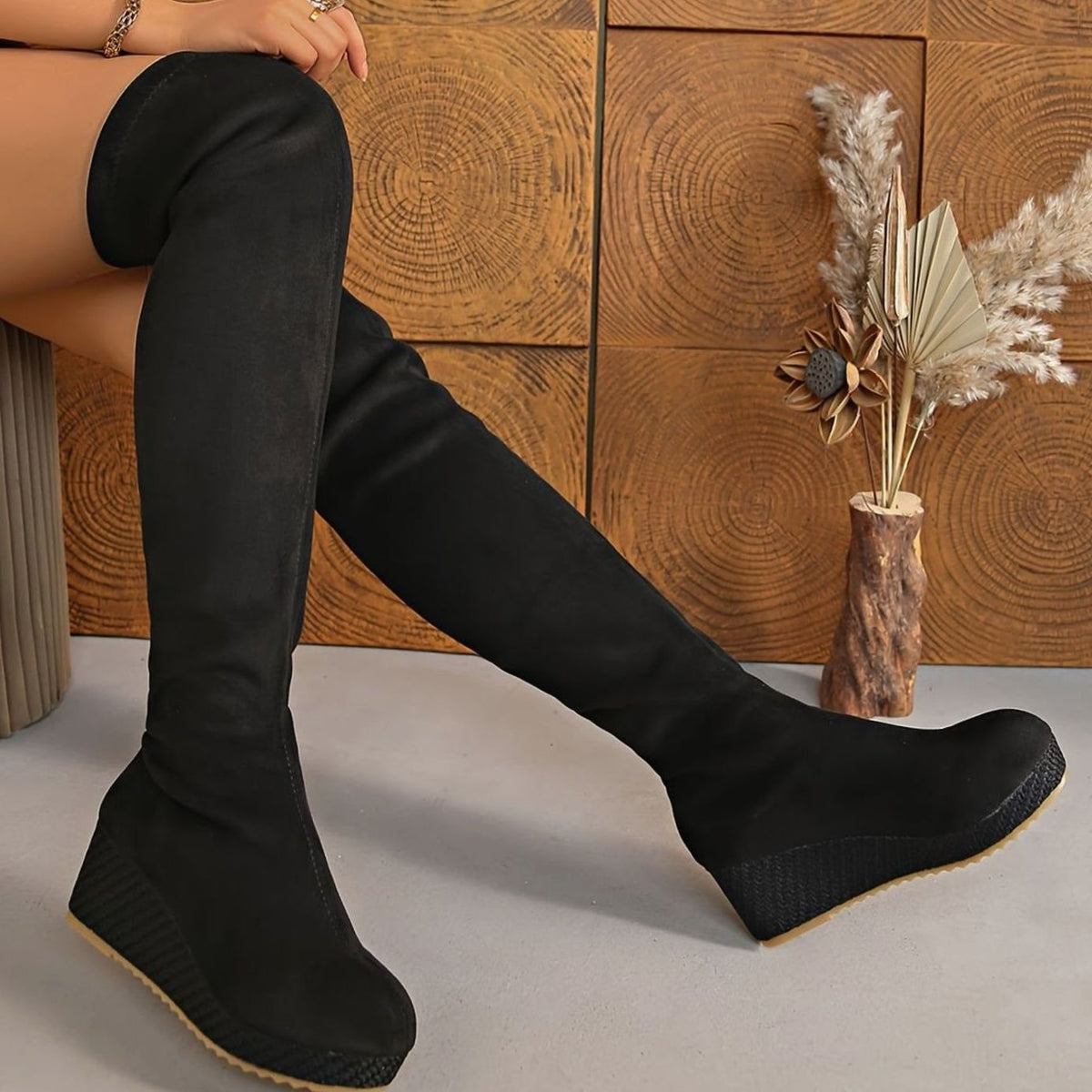 Eloise | Suede Over the Knee Boots with Woven Wedge Sole