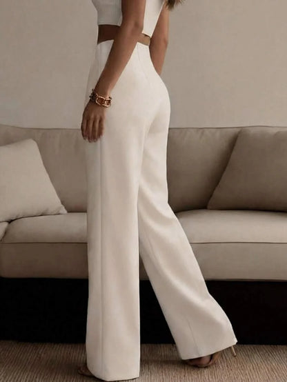 Orlagh | Tailored High Waist Wide Leg Trousers with Pressed Crease
