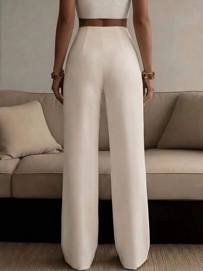 Orlagh | Tailored High Waist Wide Leg Trousers with Pressed Crease
