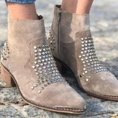 Cecilia | Taupe Studded Suede Ankle Boots with Block Heel and Pointed Toe