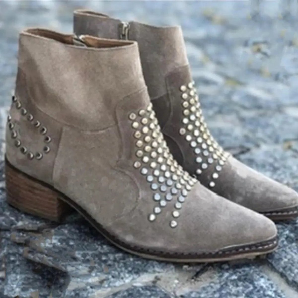 Cecilia | Taupe Studded Suede Ankle Boots with Block Heel and Pointed Toe