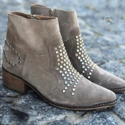 Cecilia | Taupe Studded Suede Ankle Boots with Block Heel and Pointed Toe