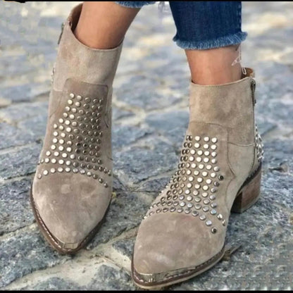 Cecilia | Taupe Studded Suede Ankle Boots with Block Heel and Pointed Toe