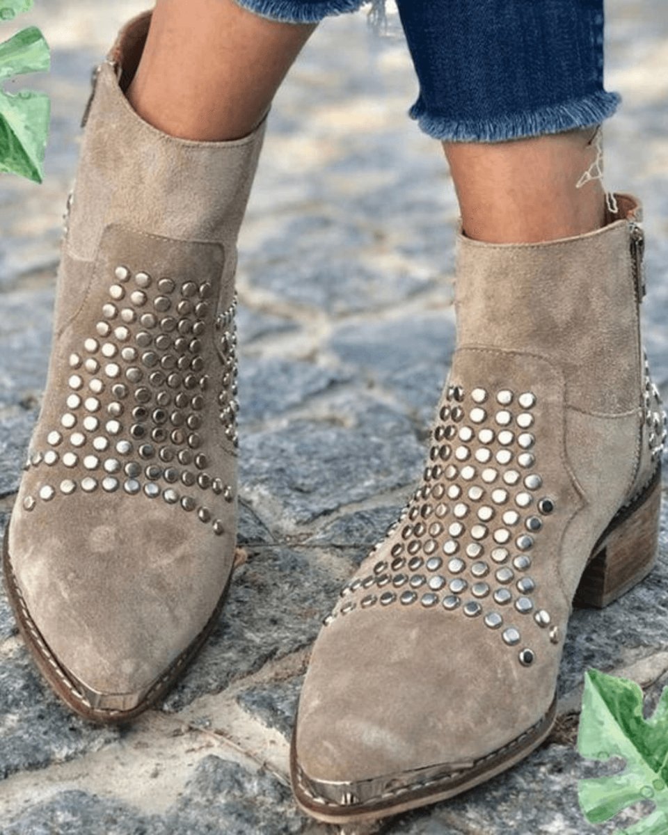 Cecilia | Taupe Studded Suede Ankle Boots with Block Heel and Pointed Toe