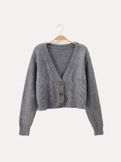 Queenie | Cropped Cable Knit V-Neck Cardigan with Horn Buttons