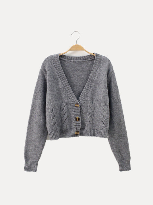 Queenie | Cropped Cable Knit V-Neck Cardigan with Horn Buttons