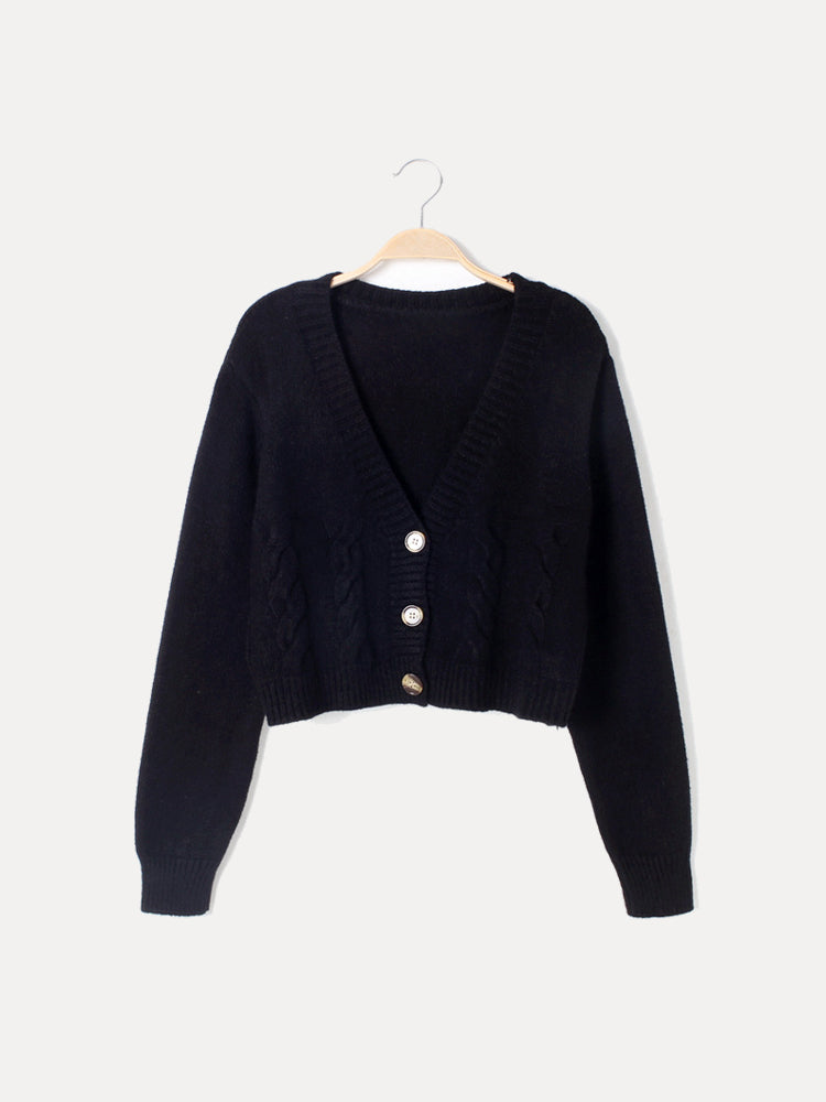 Queenie | Cropped Cable Knit V-Neck Cardigan with Horn Buttons