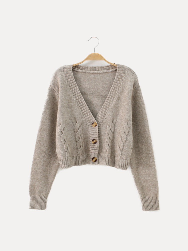 Queenie | Cropped Cable Knit V-Neck Cardigan with Horn Buttons