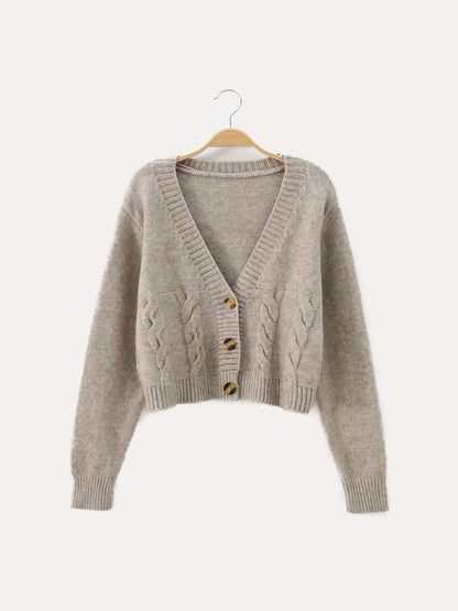 Queenie | Cropped Cable Knit V-Neck Cardigan with Horn Buttons