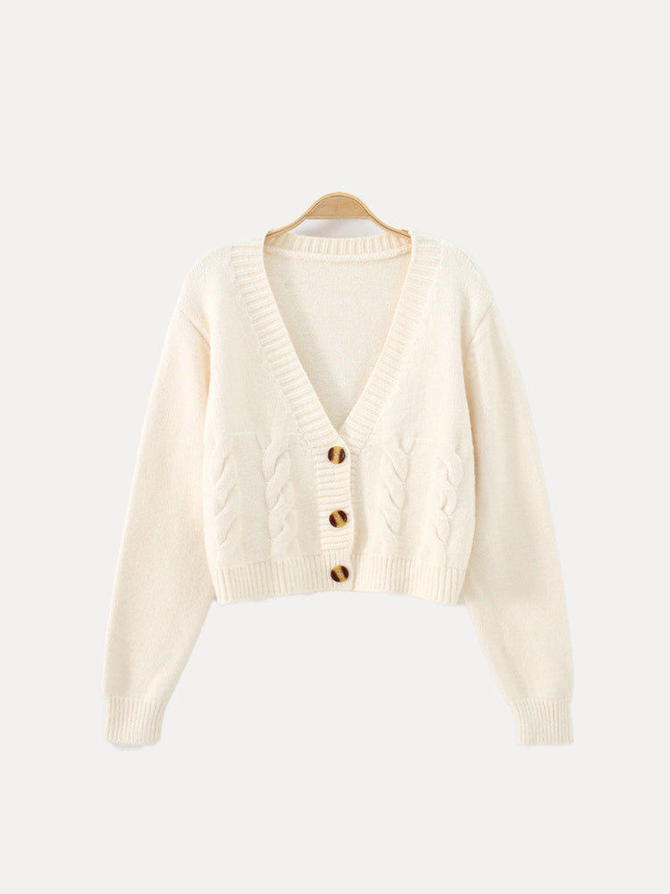 Queenie | Cropped Cable Knit V-Neck Cardigan with Horn Buttons