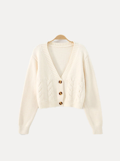 Queenie | Cropped Cable Knit V-Neck Cardigan with Horn Buttons