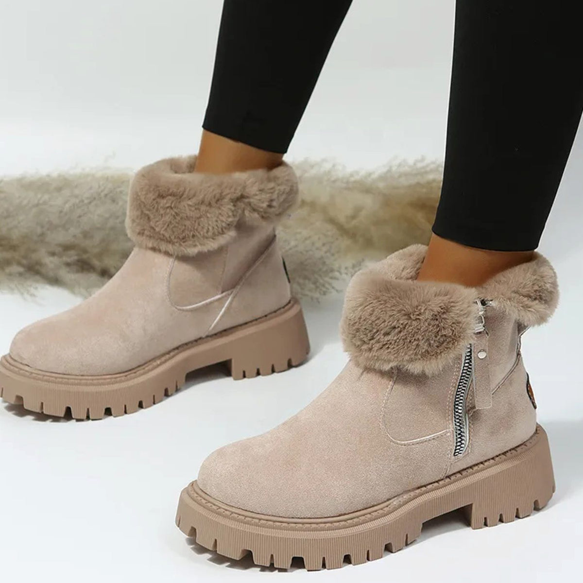 Imogen | Warm Suede Winter Ankle Boots with Fluffy Fur Collar