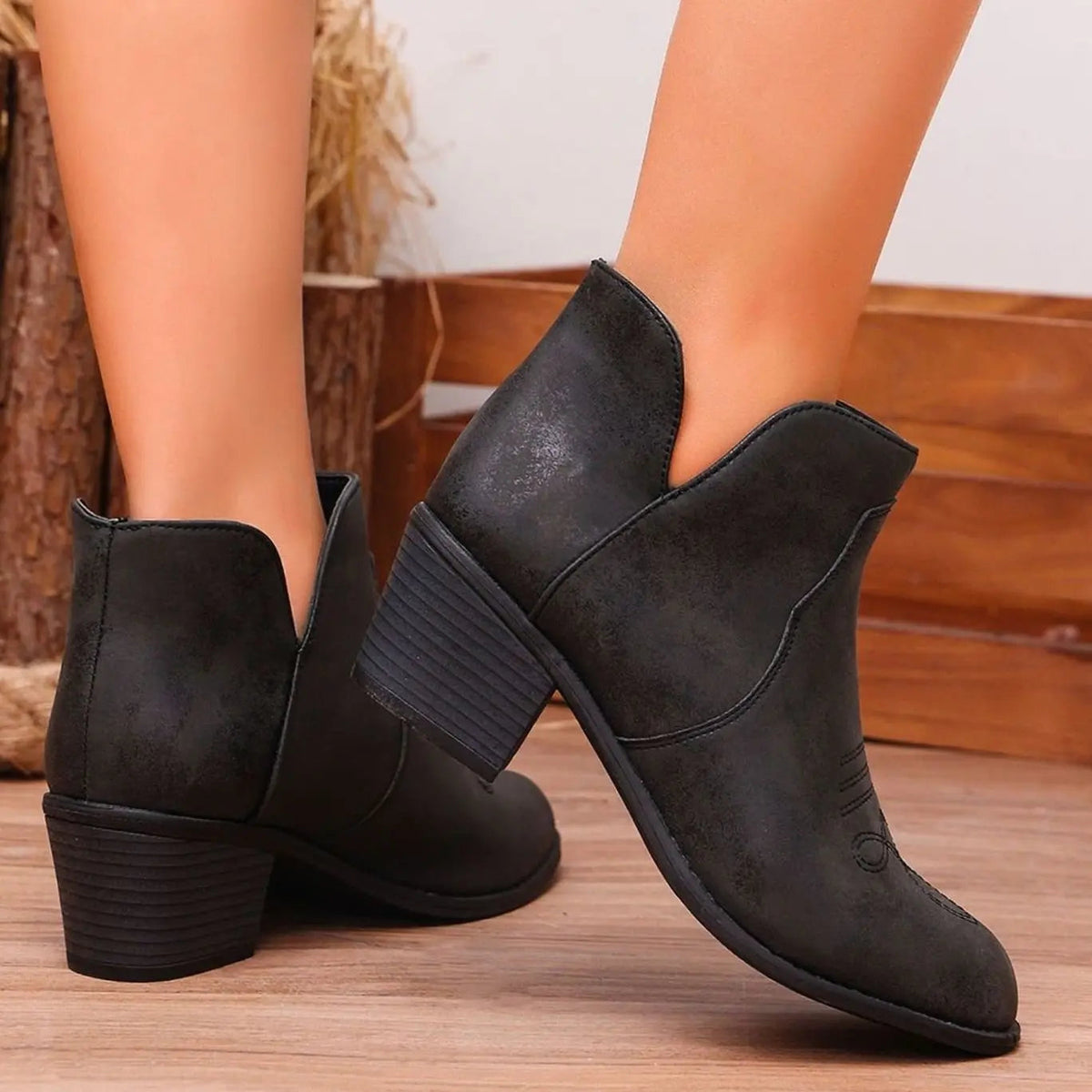 Seraphina | Western Ankle Boots with Block Heel and Stitch Detail