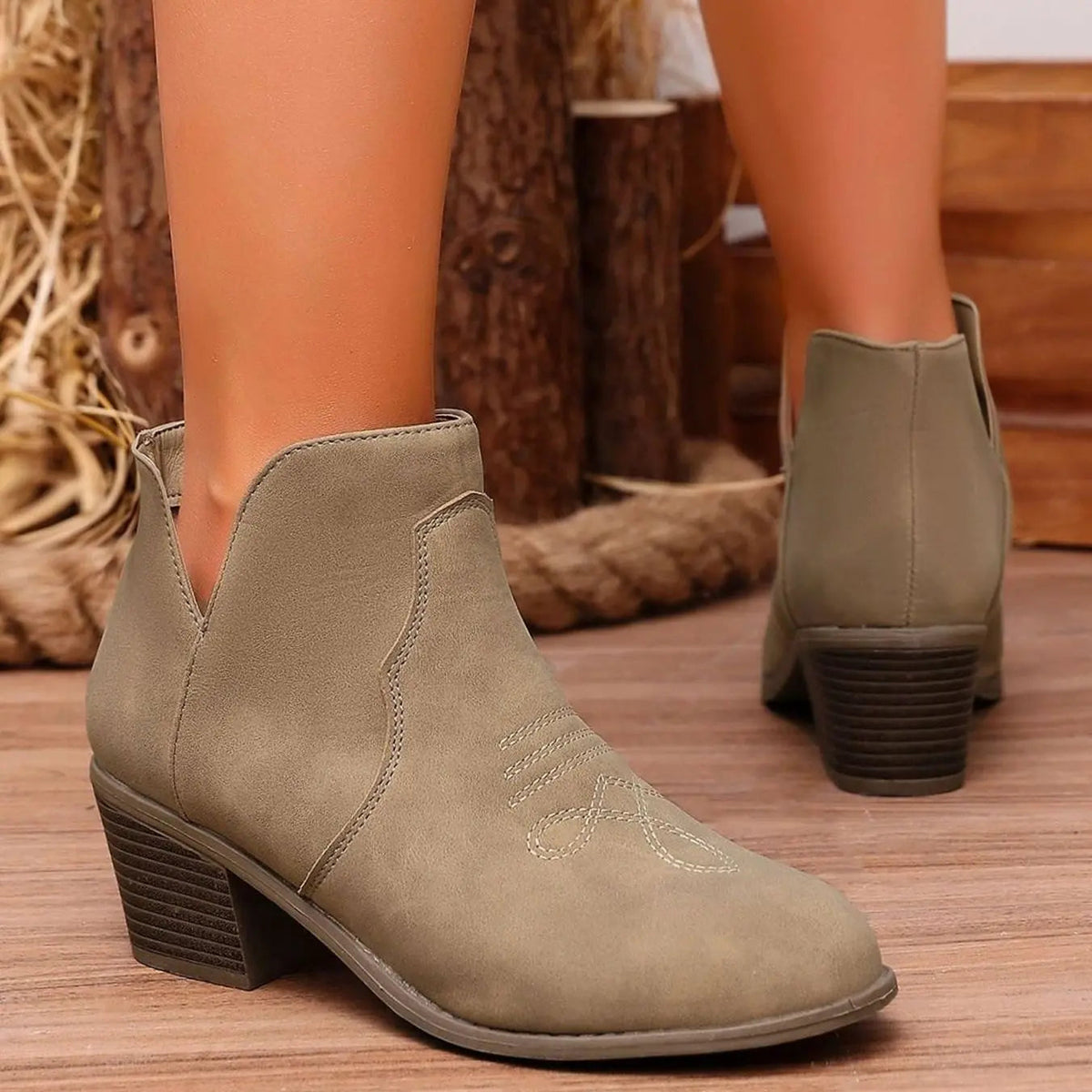 Seraphina | Western Ankle Boots with Block Heel and Stitch Detail