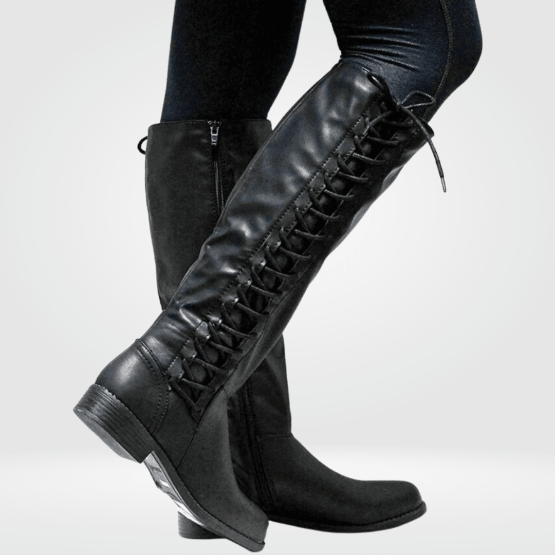 Etta | Lace-Up Side-Zip Leather Knee-High Boots