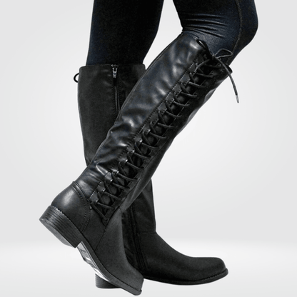 Etta | Lace-Up Side-Zip Leather Knee-High Boots