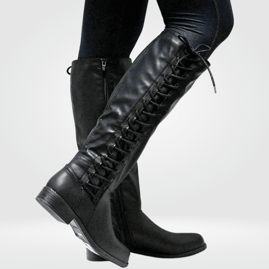 Etta | Lace-Up Side-Zip Leather Knee-High Boots