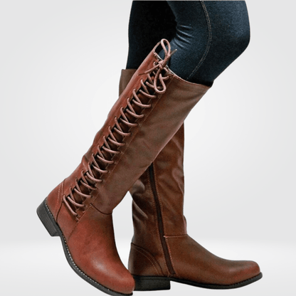 Etta | Lace-Up Side-Zip Leather Knee-High Boots