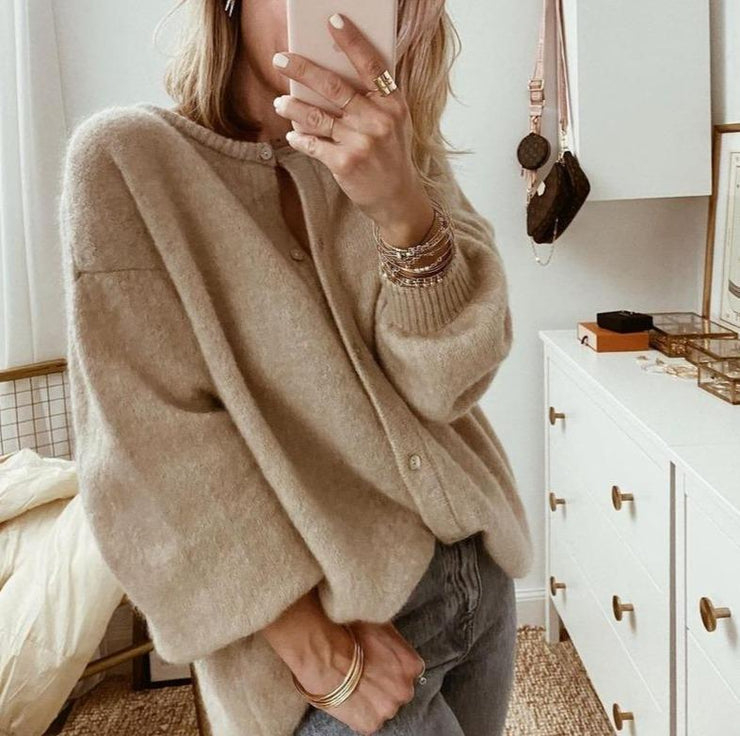 Kerris | Taupe Oversized Fluffy Button Cardigan