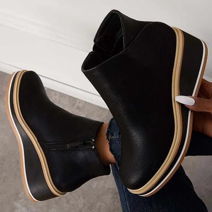 Kelly | Leather Wedge Platform Side Zip Ankle Boots