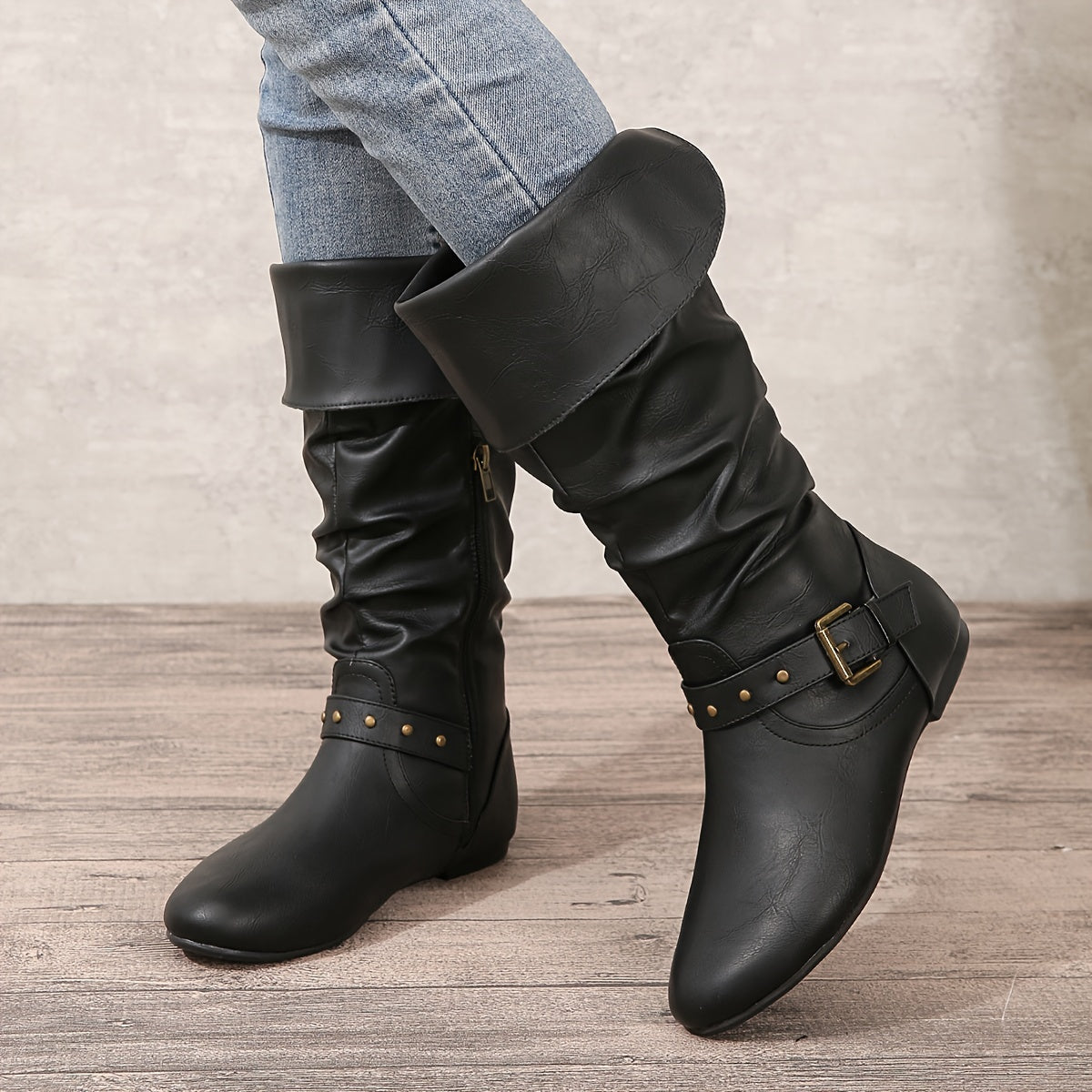 Erin | Faux Leather Slouch Buckle Flat Knee High Boots