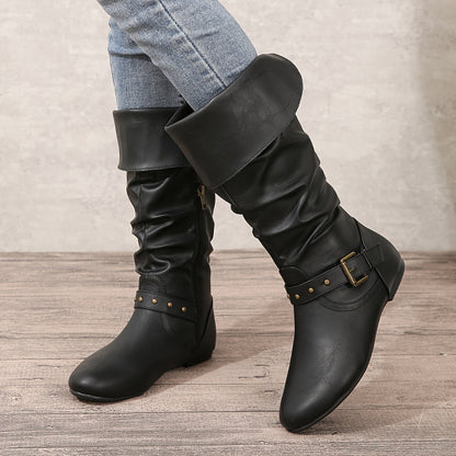 Erin | Faux Leather Slouch Buckle Flat Knee High Boots