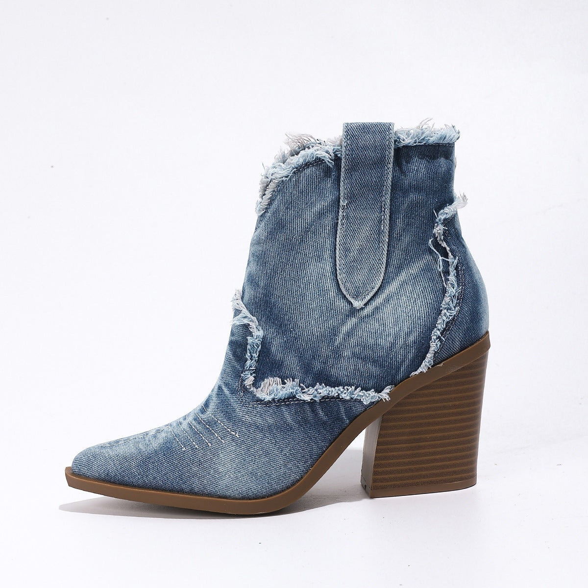 Hollis | Short Denim Western Boots with Pointed Toe and Block Heel
