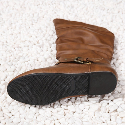 Erin | Faux Leather Slouch Buckle Flat Knee High Boots