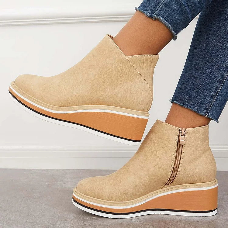 Kelly | Leather Wedge Platform Side Zip Ankle Boots