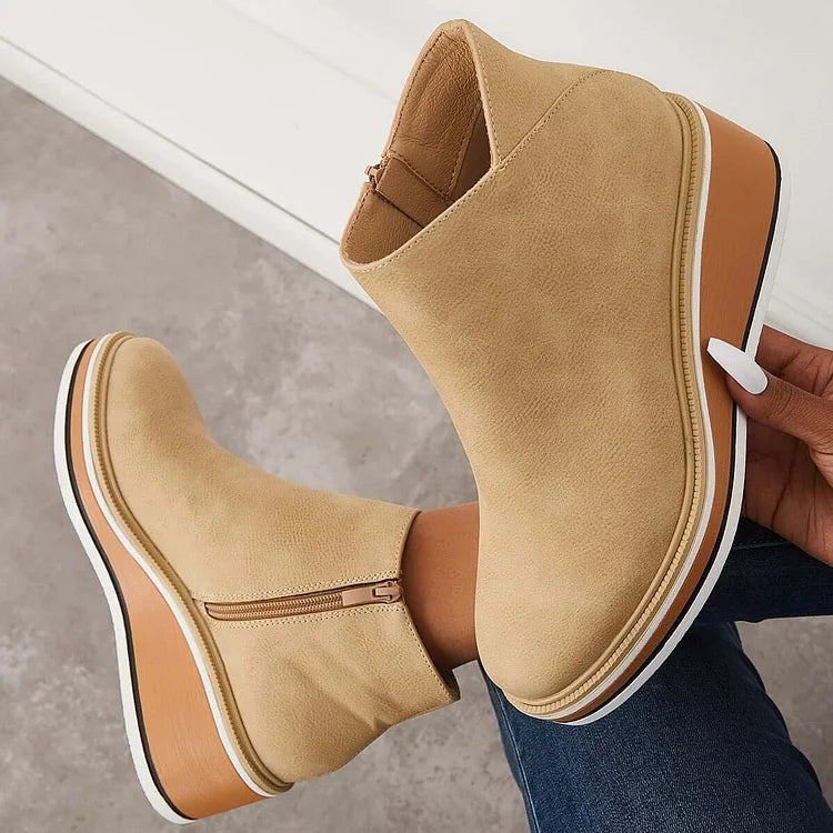 Kelly | Leather Wedge Platform Side Zip Ankle Boots