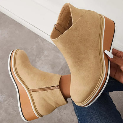 Kelly | Leather Wedge Platform Side Zip Ankle Boots
