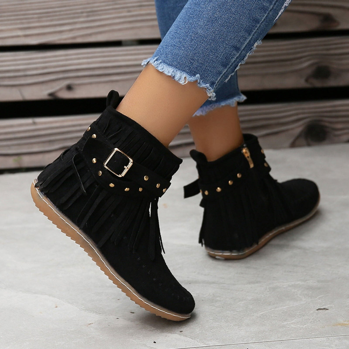 Rosie | Boho Faux Suede Fringe Flat Ankle Black Boots