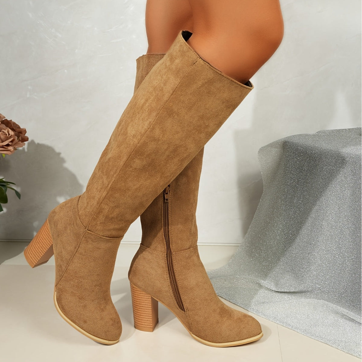 Marinella | Suede Pointed Block-Heel Knee-High Boots