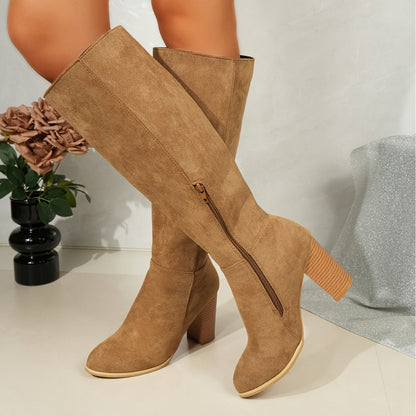 Marinella | Suede Pointed Block-Heel Knee-High Boots