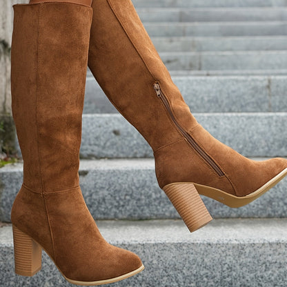 Marinella | Suede Pointed Block-Heel Knee-High Boots