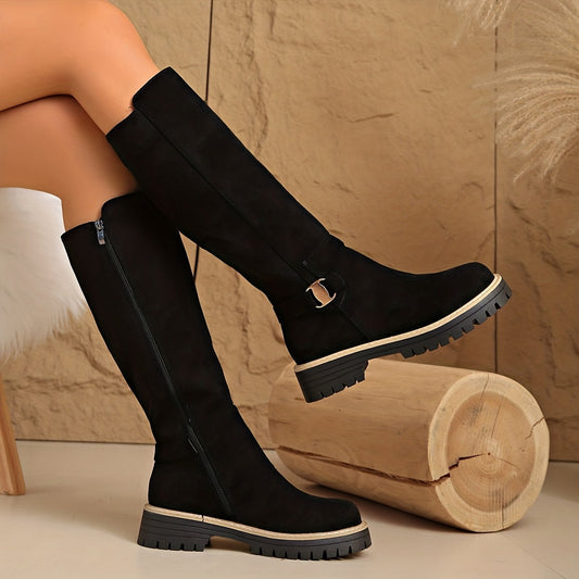 Langley | Suede Lug-Sole Block Heel Knee-High Boots