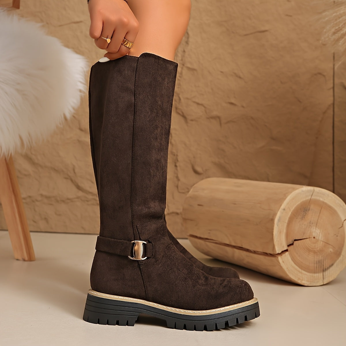 Langley | Suede Lug-Sole Block Heel Knee-High Boots