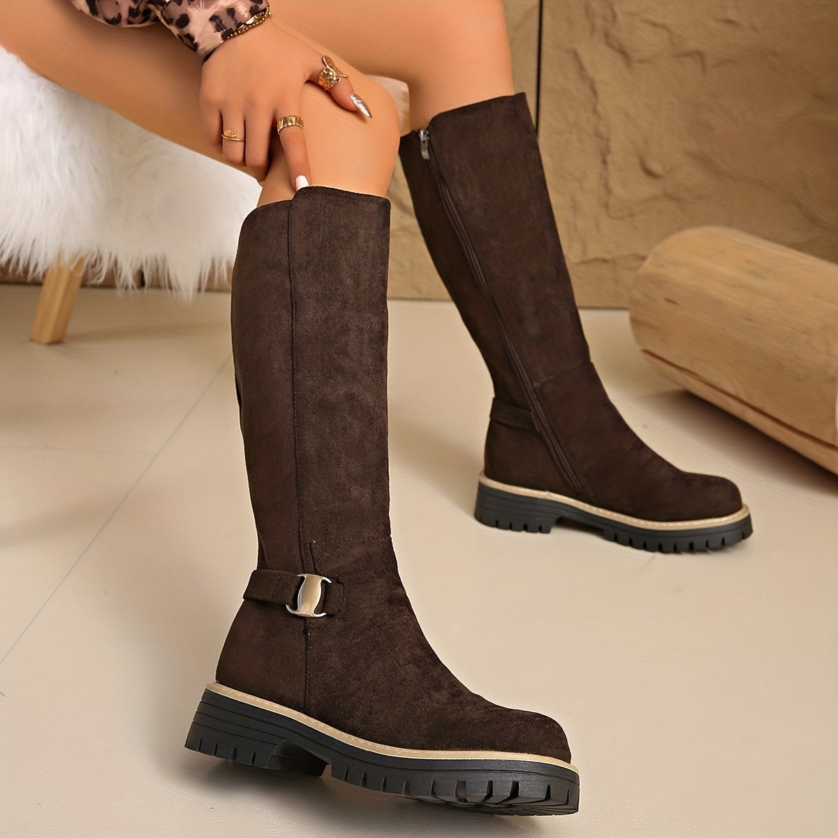 Langley | Suede Lug-Sole Block Heel Knee-High Boots