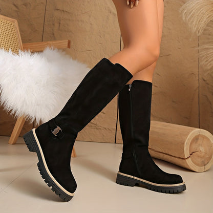 Langley | Suede Lug-Sole Block Heel Knee-High Boots