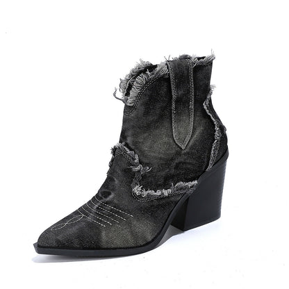 Hollis | Short Denim Western Boots with Pointed Toe and Block Heel